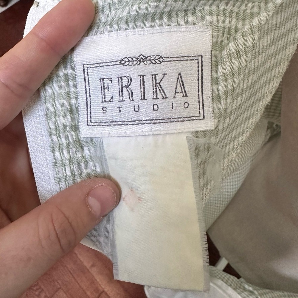 Erika Studio Sage Green Gingham Picnic‎ Embroidered Floral Tie Back Maxi Dress - Picture 10 of 12